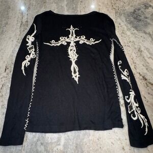 Enti Women's Large Embroidered Stitched Studded Cross Long Sleeve Ribbed Shirt